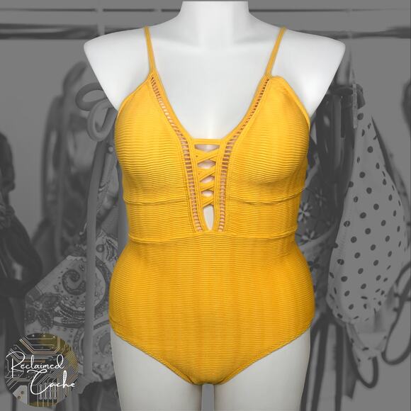 Nicole Miller Yellow Plunging Neckline One Piece Swimsuit - Size 10 - Picture 1 of 12
